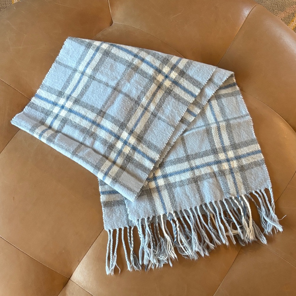 Plaid Fringe Scarf in Light Blue and Cream